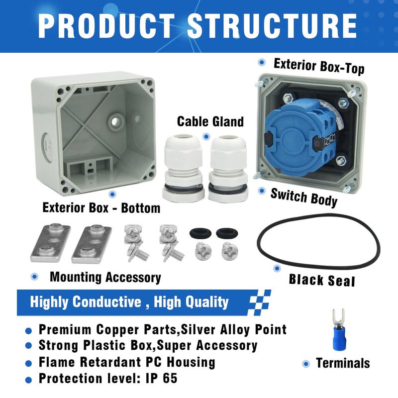 Keymoo 20A Rotary Changeover Switch with Box, 660V 4 Position 2 Poles 8 Terminals, Blue Universal Selector Switch with Fork Terminals, IP65 (4 Positions 2 Poles - Blue) - Image 5